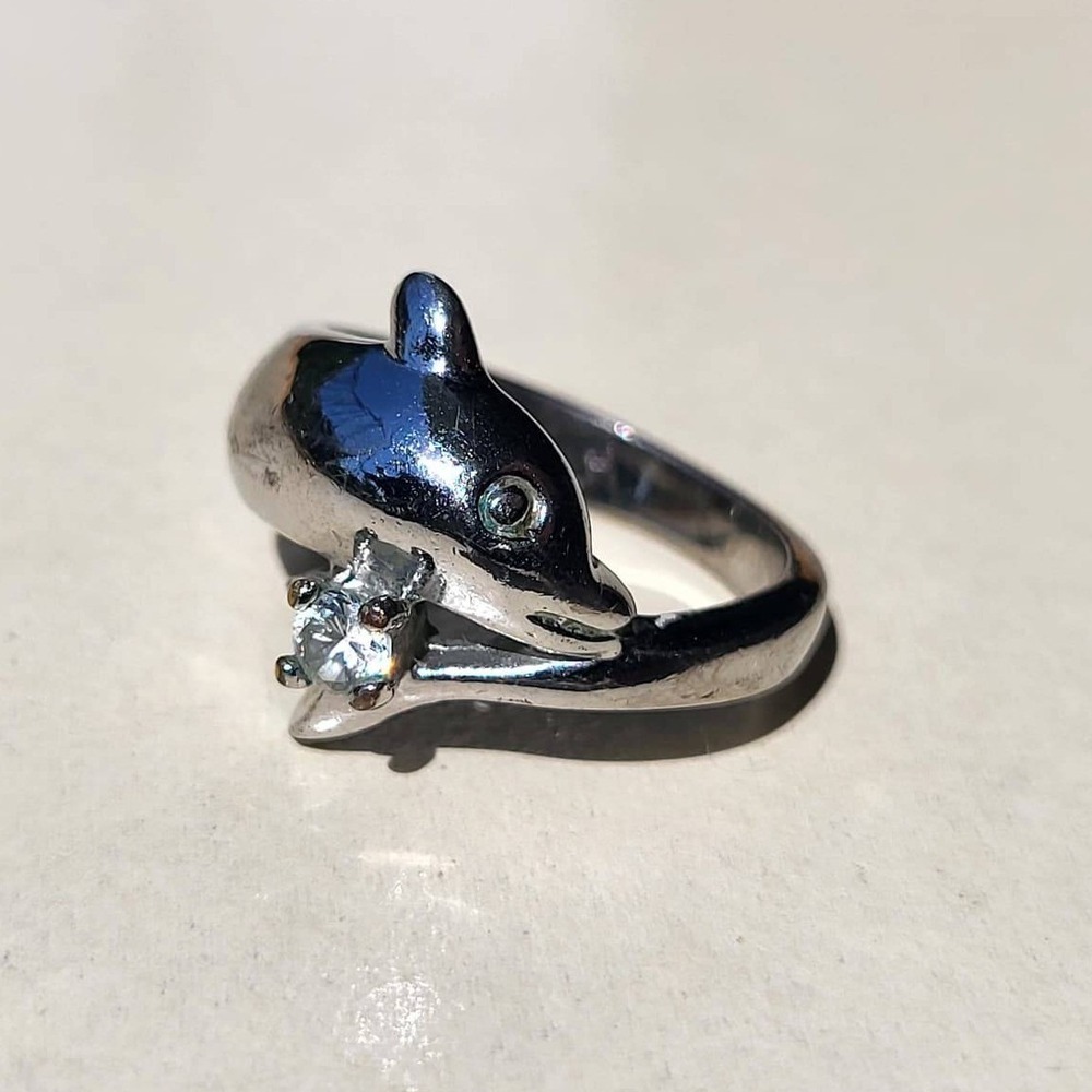 Vintage Silver Tone Dolphin Ring S 6 Clear Stone Bypass Band